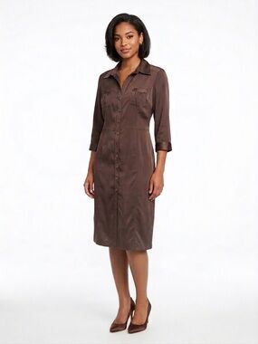 FYLO by Nylon Button Down Midi Shirt Dress Brown Satin 3/4 Sleeve, Size 14